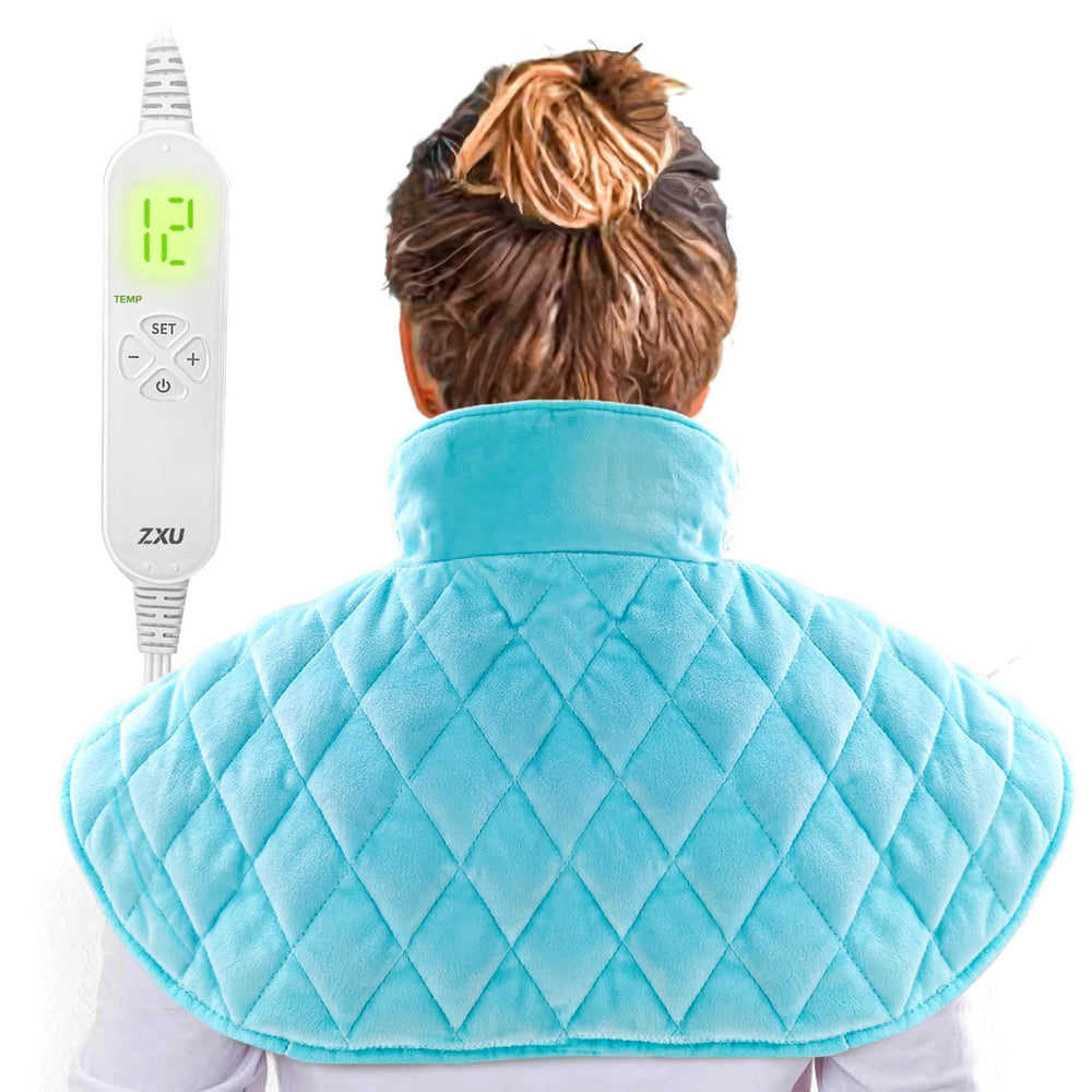 ZXU weighted neck-shoulder heating pad drapes closely to target warmth and relief