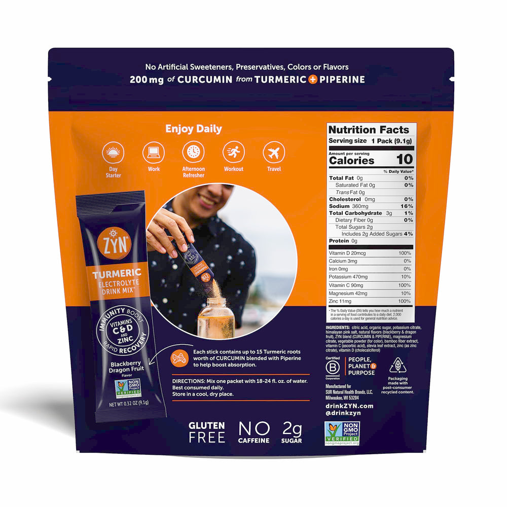 ZYN vitamin C, D, and zinc electrolyte packets support hydration and immune-friendly wellness.