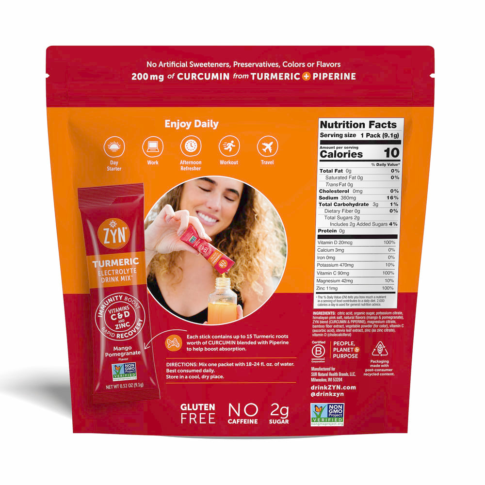ZYN turmeric-curcumin hydration packets with piperine for absorption
