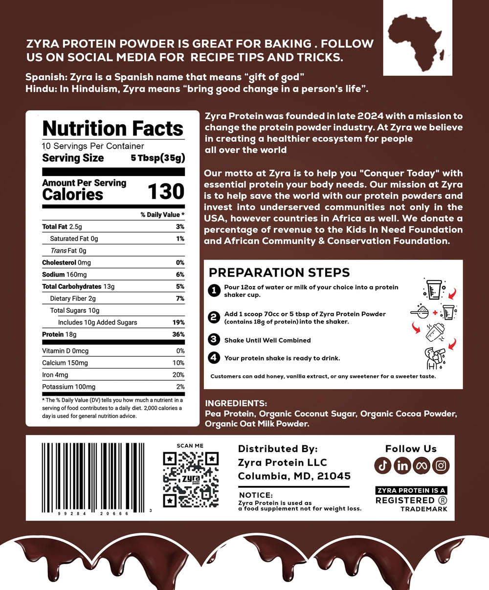 Zyra pea protein chocolate scoop for quick, measured servings.