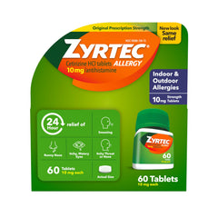 Zyrtec 24-hour allergy relief tablets bottle for all-day comfort