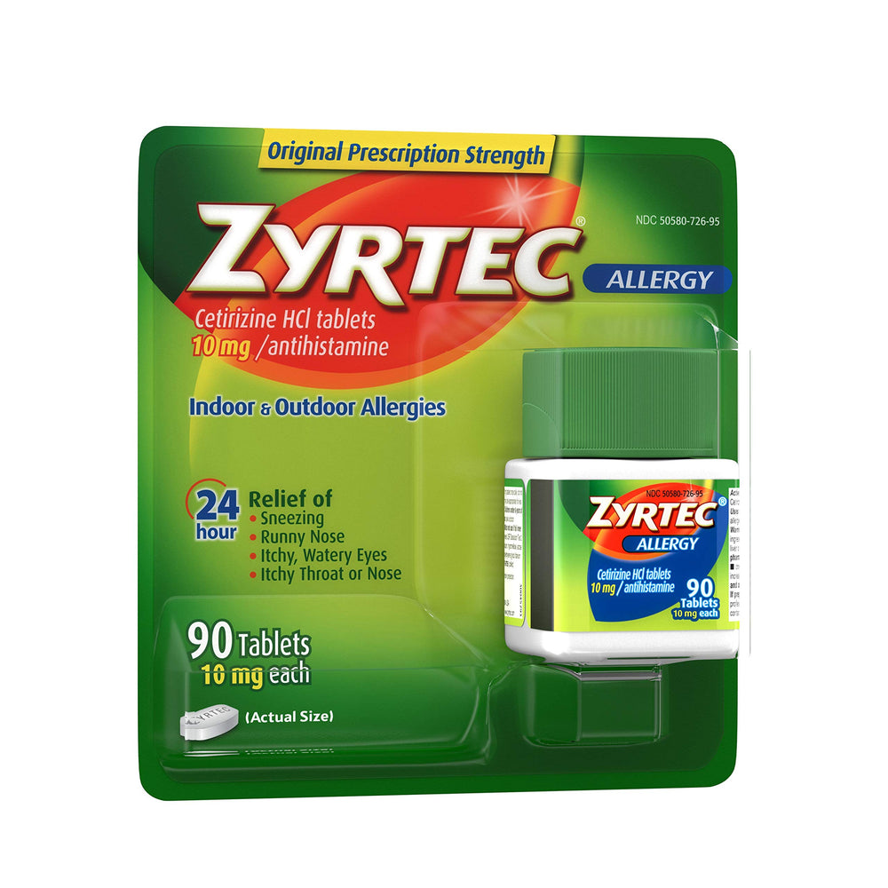 Zyrtec 24 Hour Allergy Relief bottle shown for convenient daily dosing.