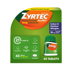 Zyrtec 24-hour allergy relief bottle shown for all-day sneezing and runny nose relief.