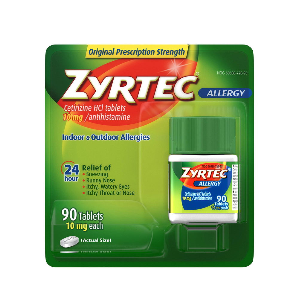 Zyrtec 24 Hour Allergy Relief tablets box offers all-day allergy protection.