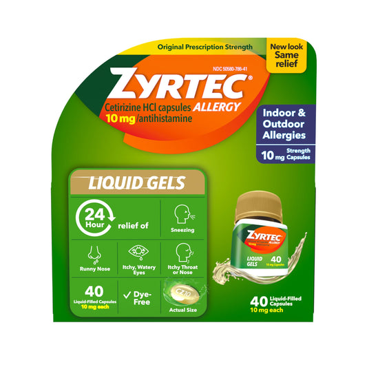 Zyrtec 24-hour allergy liquid gel bottle ready for daily relief