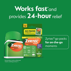 Zyrtec 60-count bottle highlights dependable 24-hour cetirizine relief for indoor and outdoor allergies.