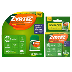 Zyrtec 90-count bottle ready for daily indoor and outdoor allergy relief.