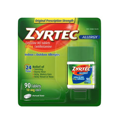 Zyrtec Allergy Relief 10 mg tablets in bottle, may help seasonal allergy symptoms.