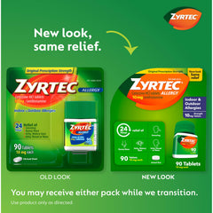 Zyrtec bottle pouring tablets for fast, all-day antihistamine relief.