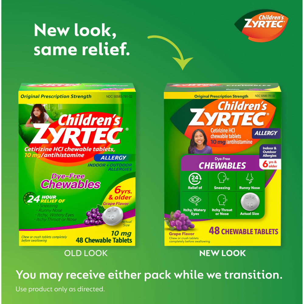 Zyrtec Children dye-free grape chewable close-up tablet highlighting grape flavor