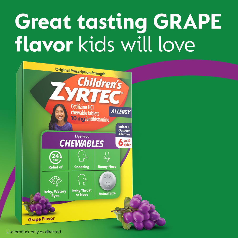 Zyrtec Children dye-free chewables being chewed by a kid, tablet view