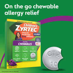 Detail on Zyrtec dye-free chewables label and ingredients on bottle