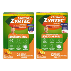 Zyrtec Children's citrus 24ct pack dissolving tablets for all-day allergy relief.