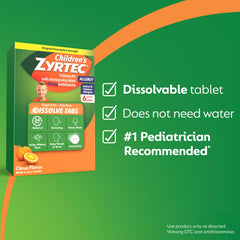 Zyrtec Children's dissolving tablet melts in mouth for quick, water-free use.