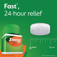 Zyrtec product-label close-up emphasizes 24-hour allergy relief.