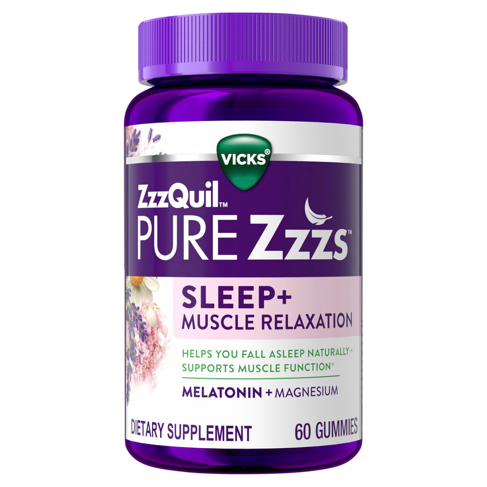 ZzzQuil PURE Zzzs gummies bottle promotes nighttime relaxation and supports healthy muscle function.