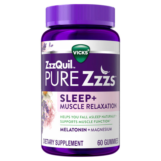 ZzzQuil PURE Zzzs gummies bottle promotes nighttime relaxation and supports healthy muscle function.