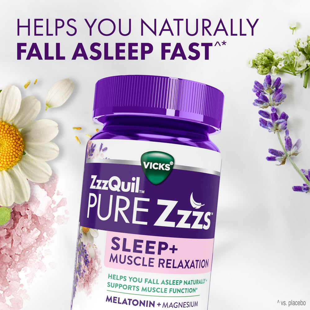 Front label of ZzzQuil PURE Zzzs showing magnesium and melatonin ingredients.