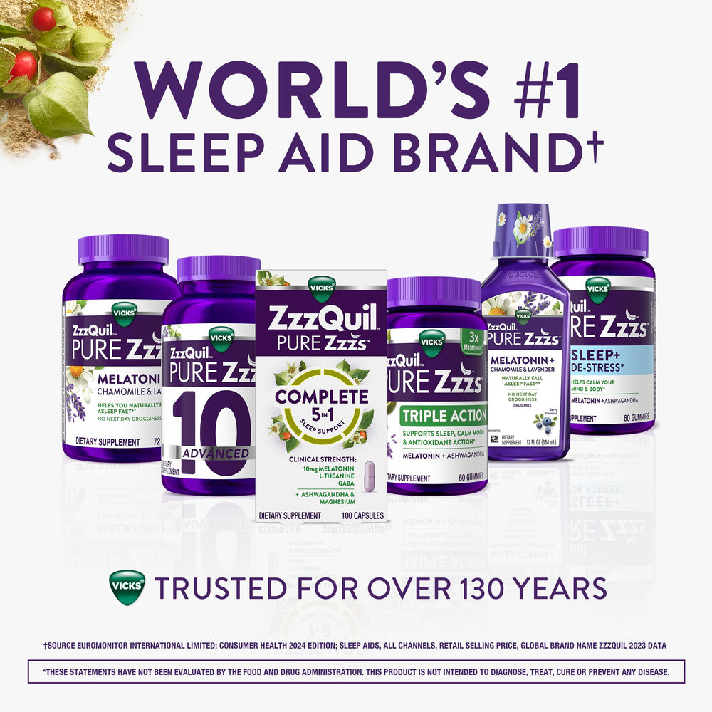 ZzzQuil PURE Zzzs ingredients panel highlights L-Theanine, GABA, Ashwagandha, Magnesium.