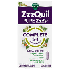 ZzzQuil PURE Zzzs 100-count bottle on shelf for nightly use.