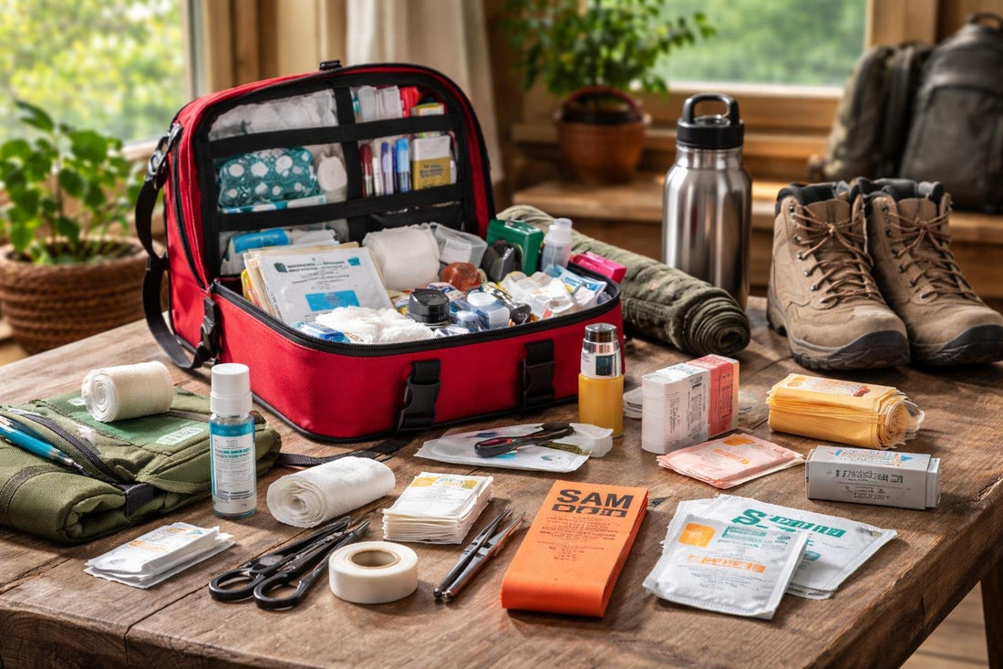 Advanced first aid supplies laid out for camping