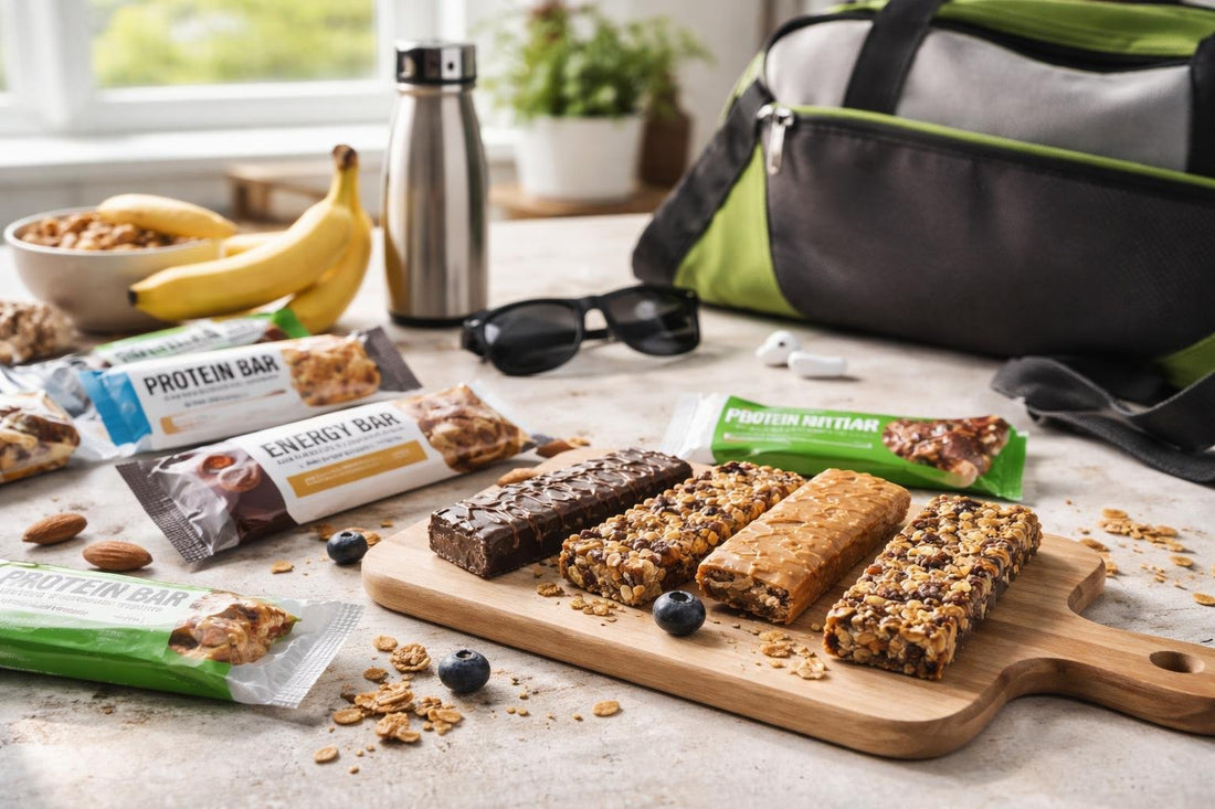 Assorted sports nutrition bars packed for Alberta training days