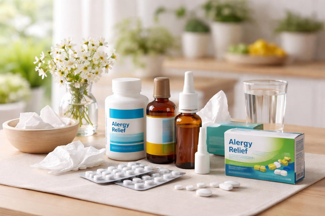 Assorted allergy medicines and nasal spray on table
