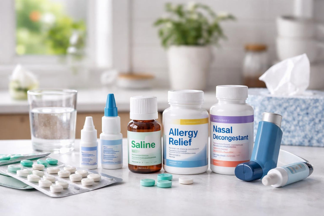 Assortment of allergy sinus and asthma medicines and devices