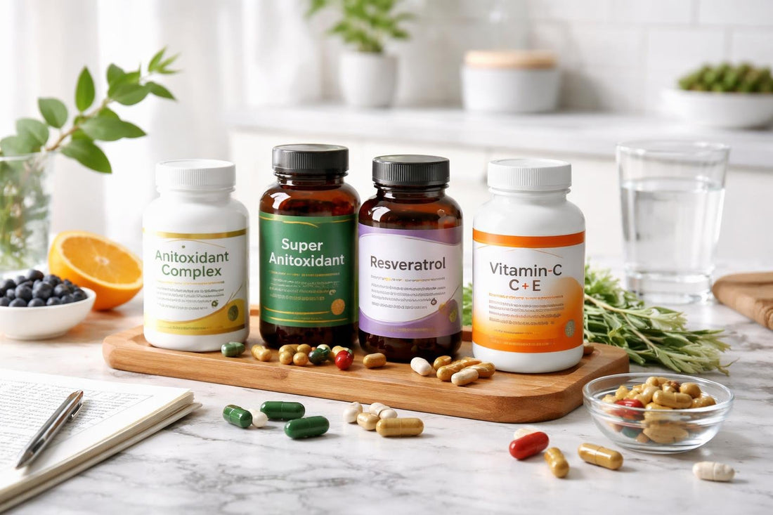 Assorted antioxidant supplement bottles, capsules, and labels