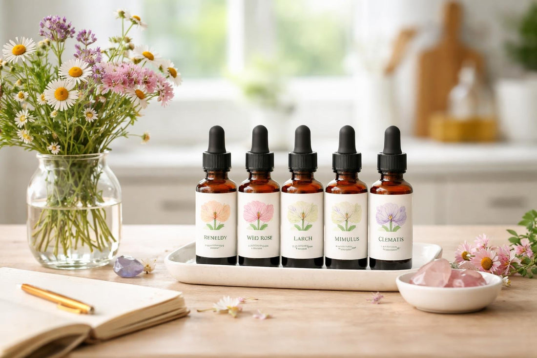 Beginner-friendly flower essences remedies collection bottles on shelf