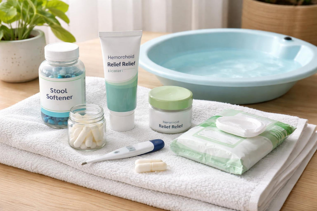 Beginner hemorrhoid pain relief essentials laid out on towel