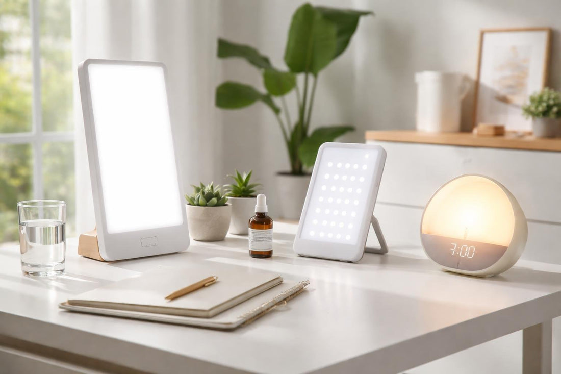 Beginner light therapy lamp setup on a bright desk