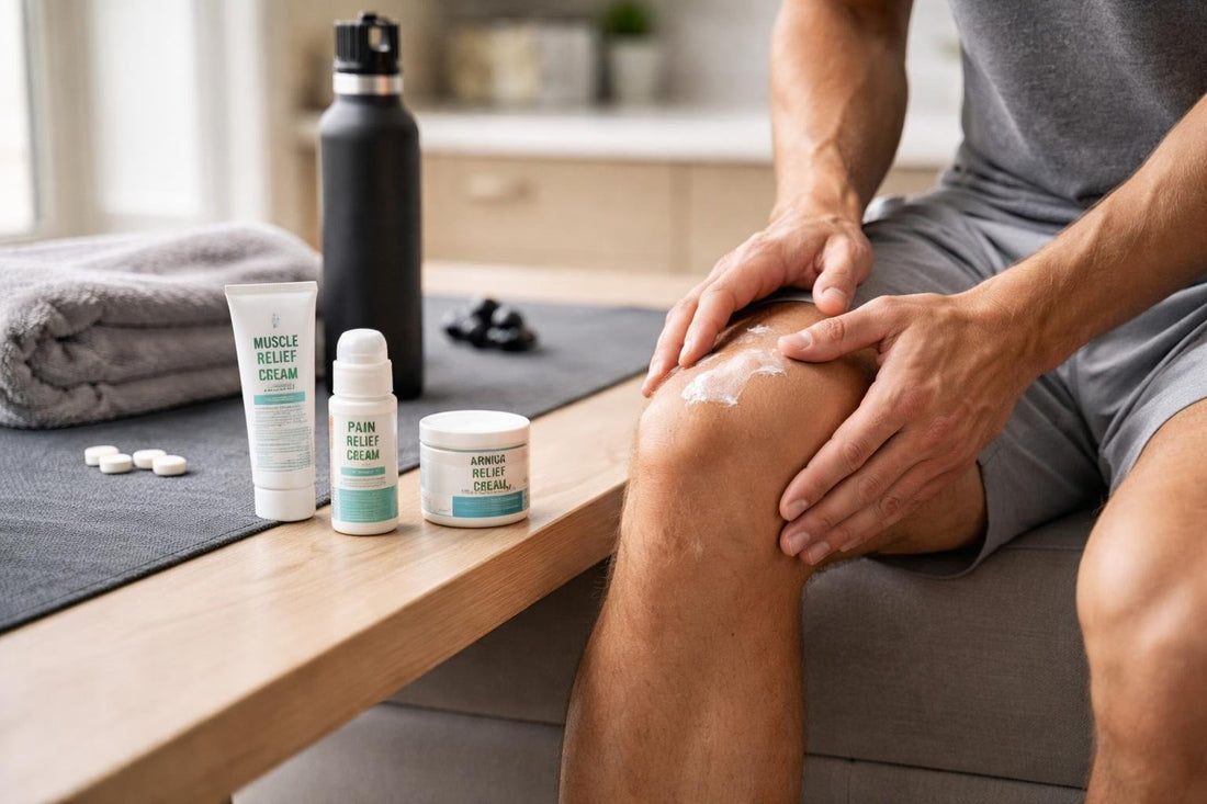 Beginner applying muscle rub to sore knee after workout