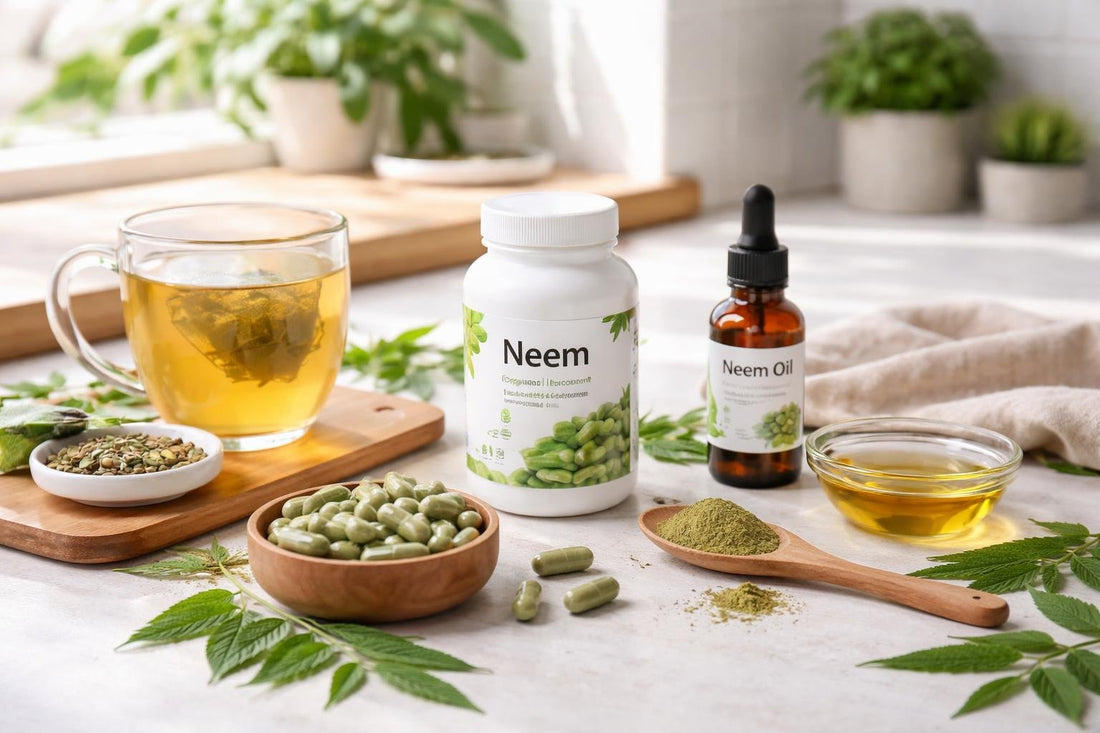 Beginner-friendly neem herbal supplements in capsules, tea, and oil