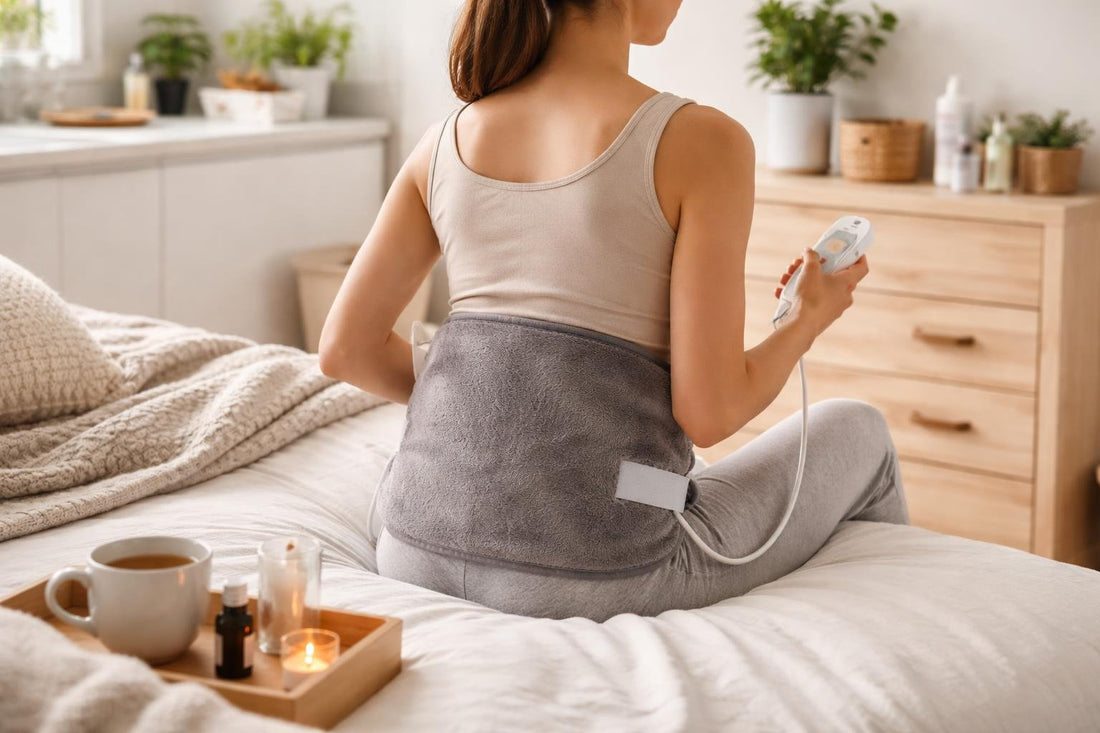 Beginner using therapeutic heating pad on lower back