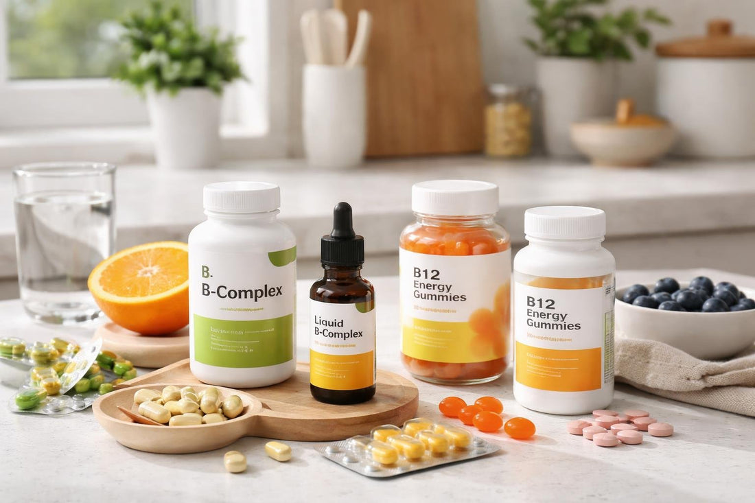 Beginner-friendly vitamin B supplements arranged on a kitchen counter