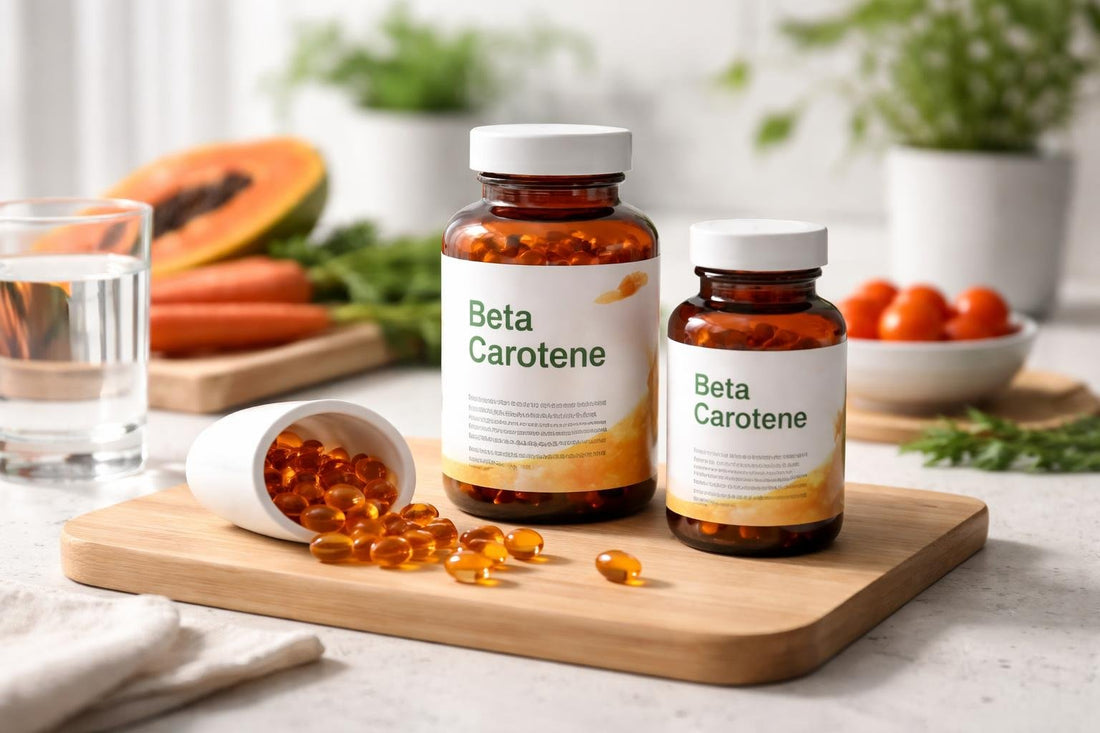 bottles and softgels of beta carotene supplements