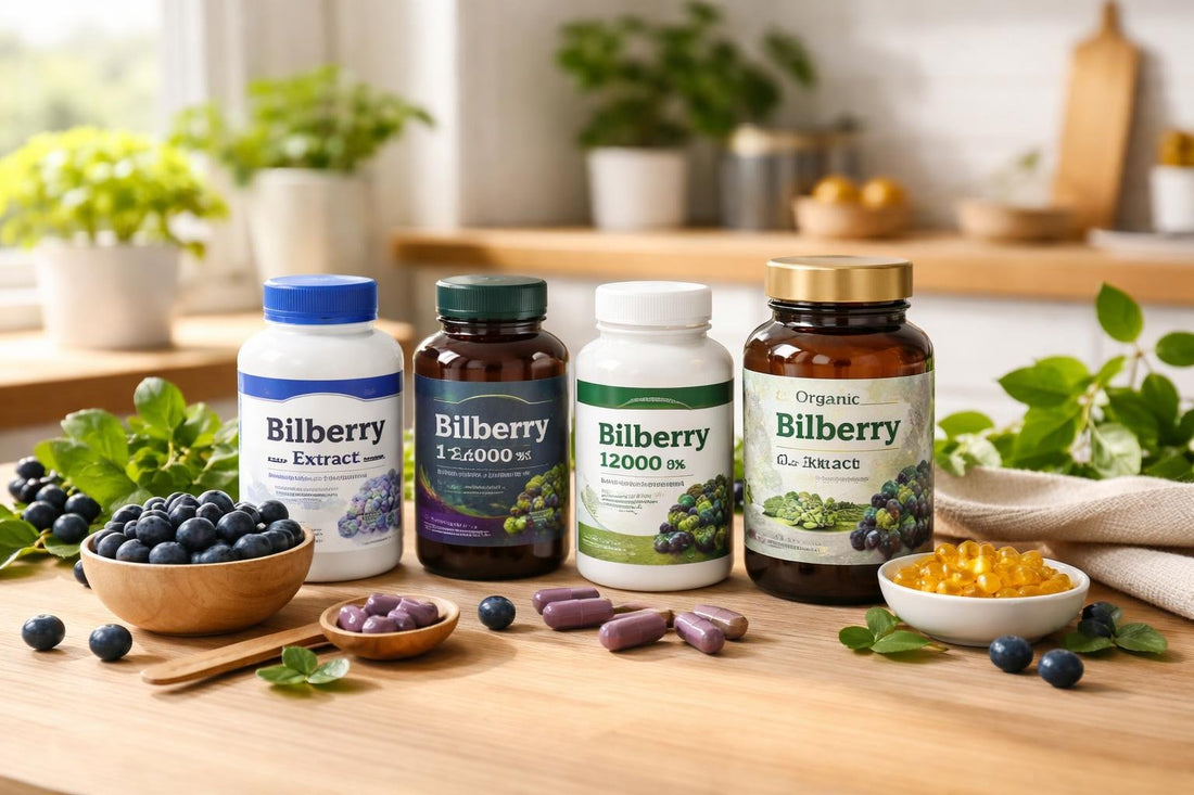 assorted bilberry supplement bottles on wooden table