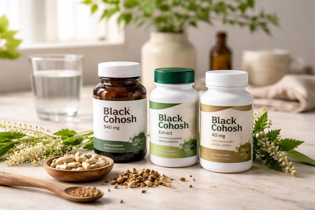 bottles of black cohosh supplements and herbs