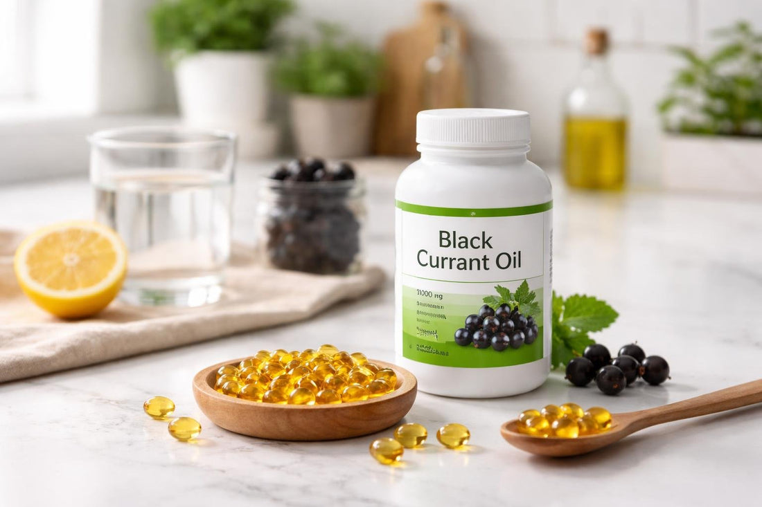 bottle and softgels of black currant oil supplements