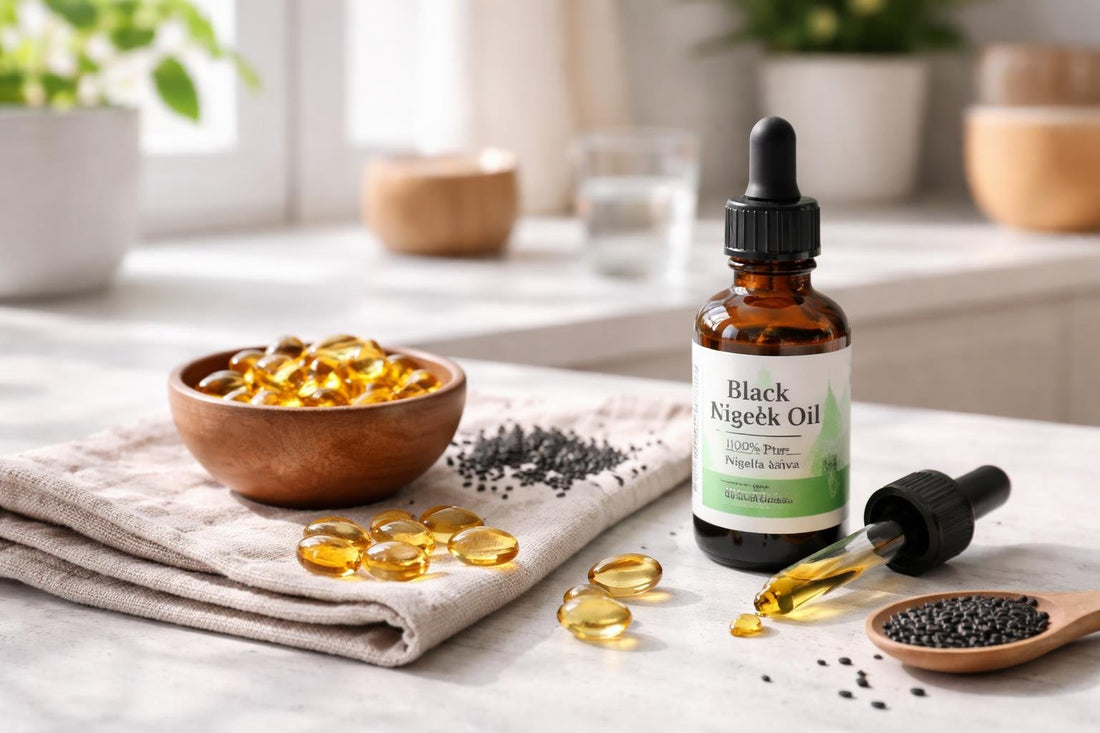 Black seed oil softgels and liquid dropper on table