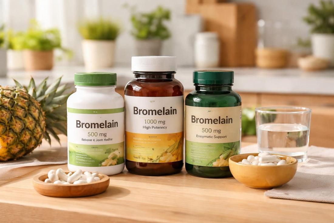 bottles of bromelain supplements on a shelf