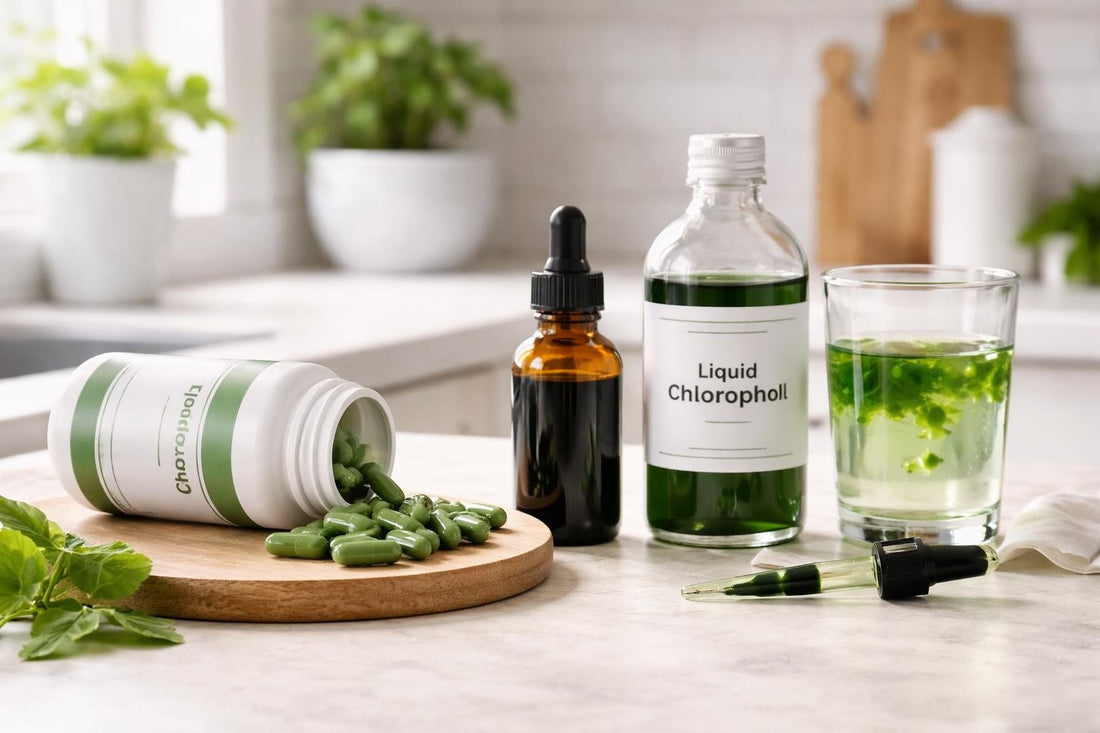 Budget chlorophyll supplement capsules and liquid drops
