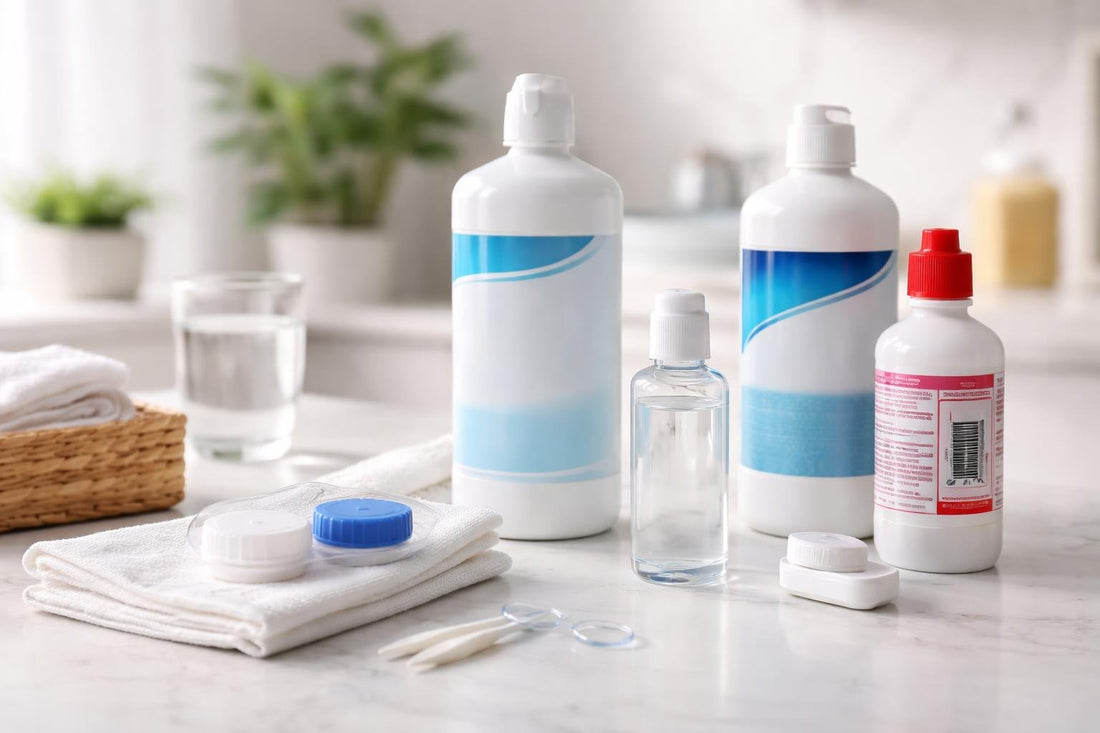Affordable contact lens solutions and cleaning kit on counter