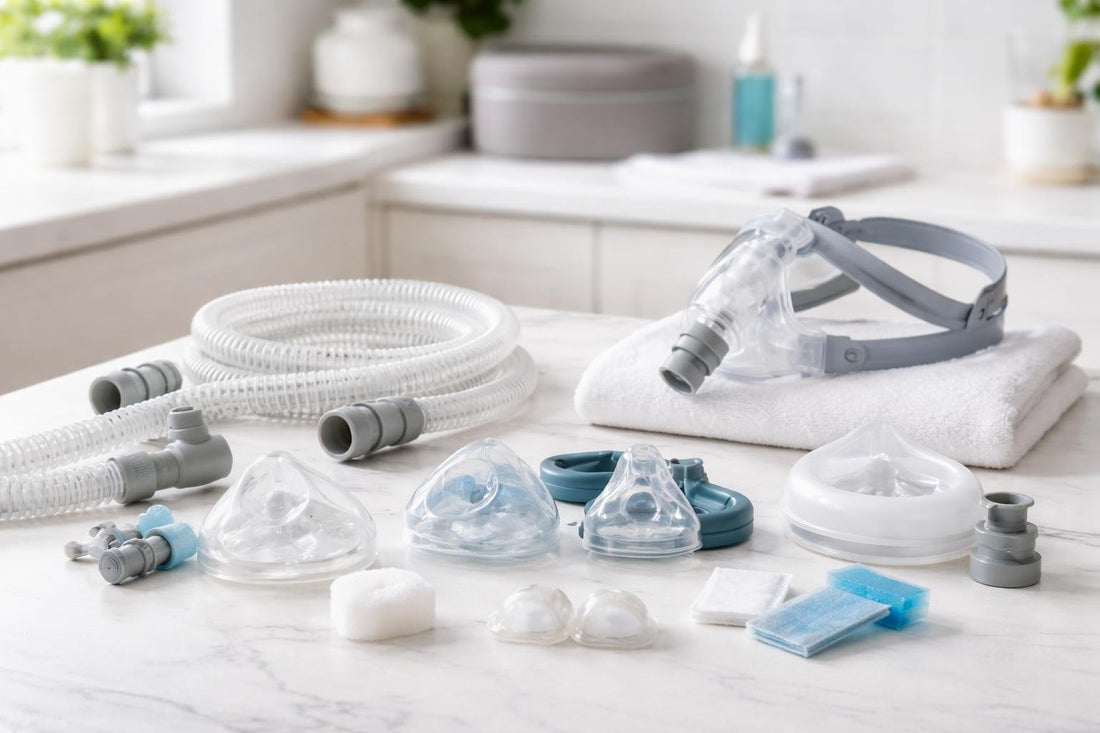 CPAP cushions, short tubes and replacement parts on display