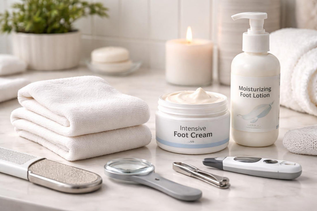 Budget diabetic foot care essentials laid out for daily use