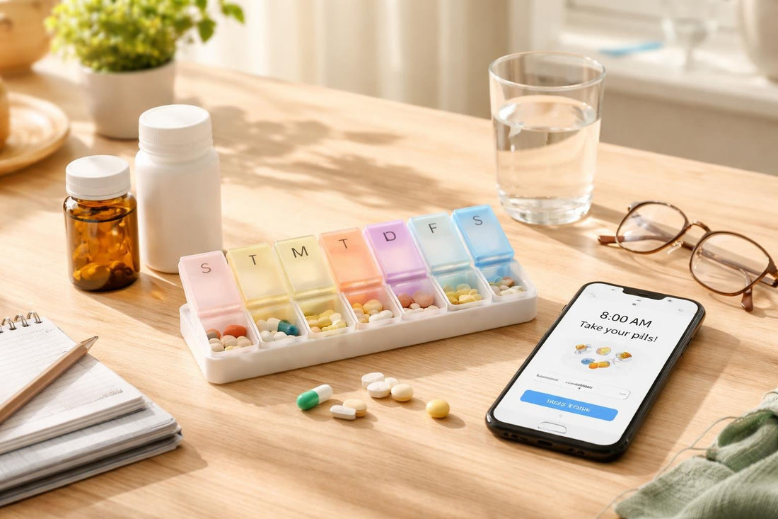 Budget pill organizer and phone reminder for daily medication