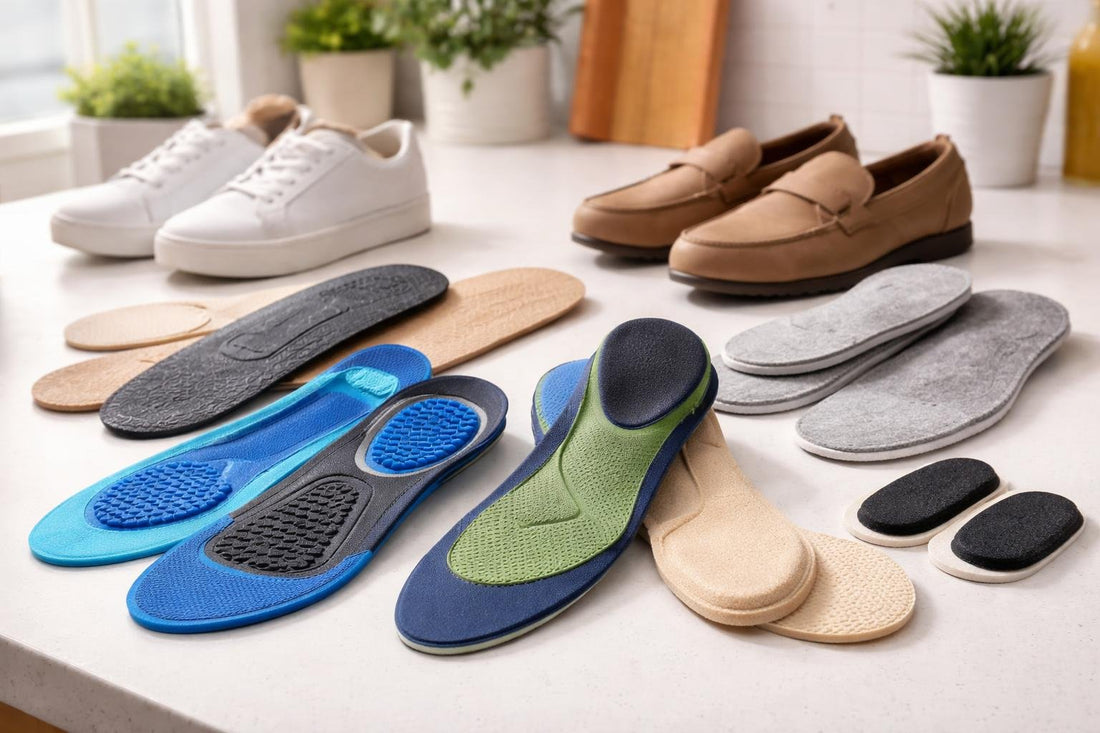 Affordable shoe insoles and inserts laid out for