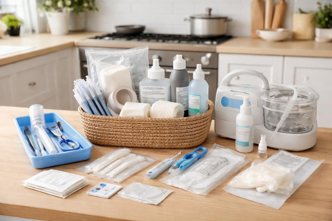 Budget-friendly tracheostomy care kit essentials laid out at home