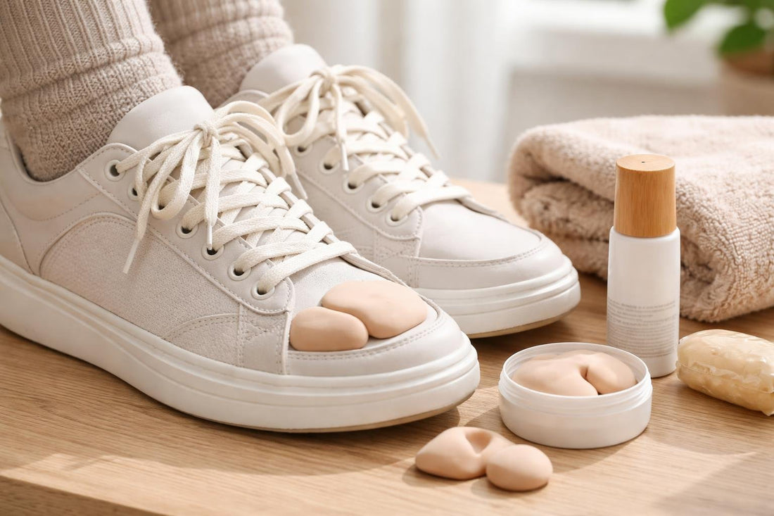 Bunion pads cushioning a big toe joint in shoes